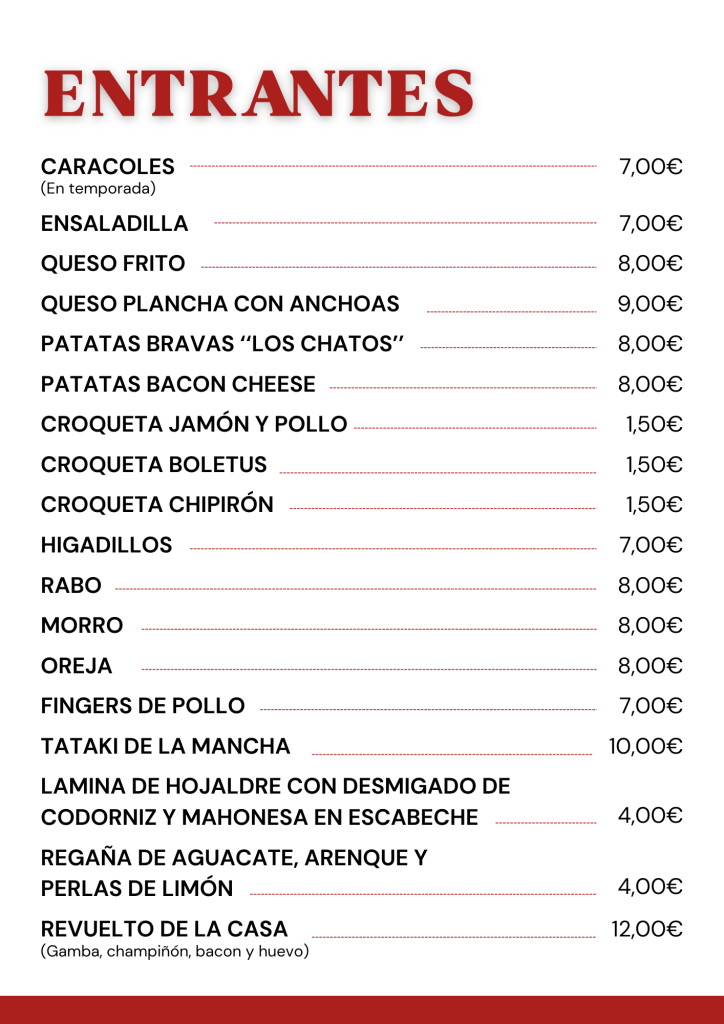 entrantes carta LOS CHATOS LA GINETA